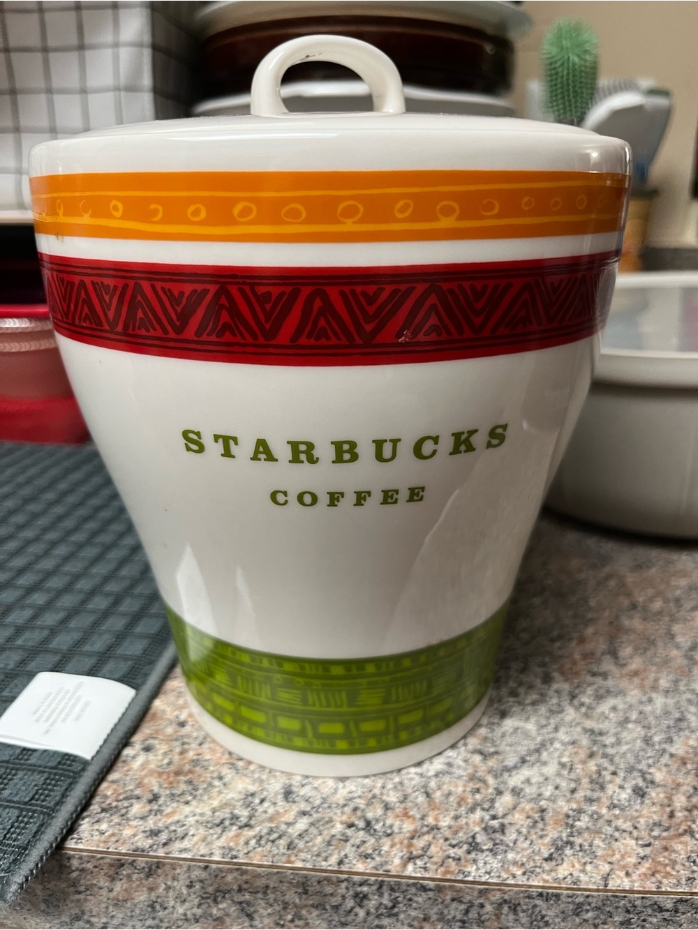 Starbucks White Canister with Orange, Red and Green Bands